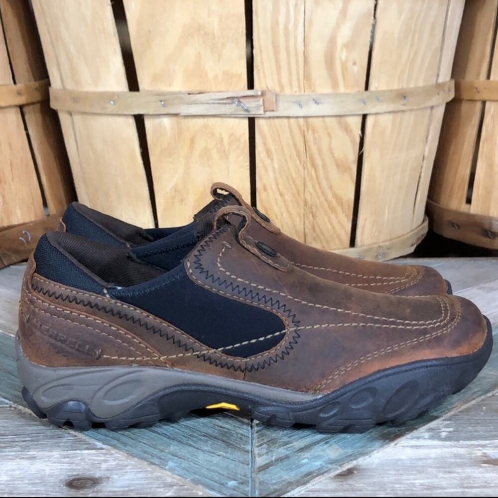 Merrell Opal Bison Brown Leather Vibram Slip-On Hiking Mocs Shoes Womens Size 7